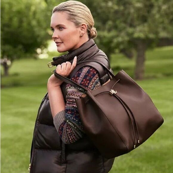 Lauren Ralph Lauren Andie Large Leather Drawstring Tote in Black, New - Picture 16 of 16